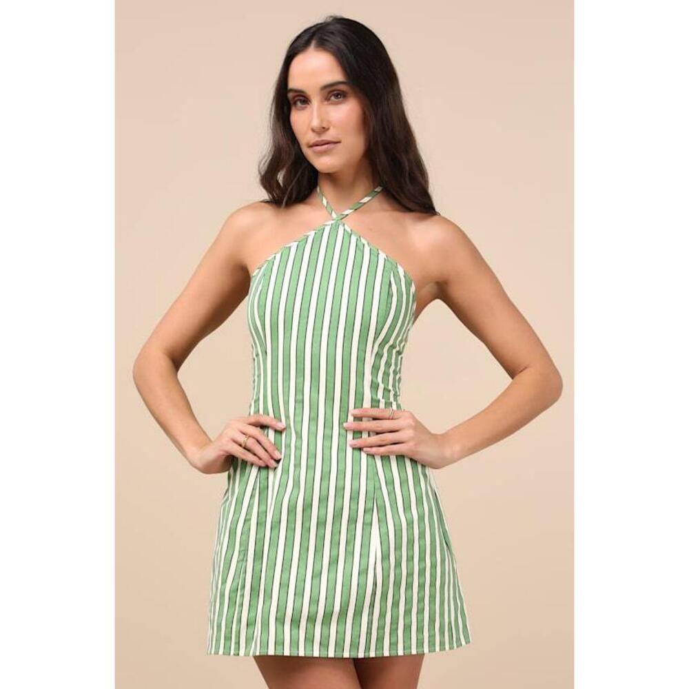 Lulus Madelia Green Striped Halter Mini Dress - Size S